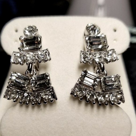Vintage Bogoff Art Deco Clear Rhinestone Geometric Dangle "Wedding" Earrings - Picture 8 of 8